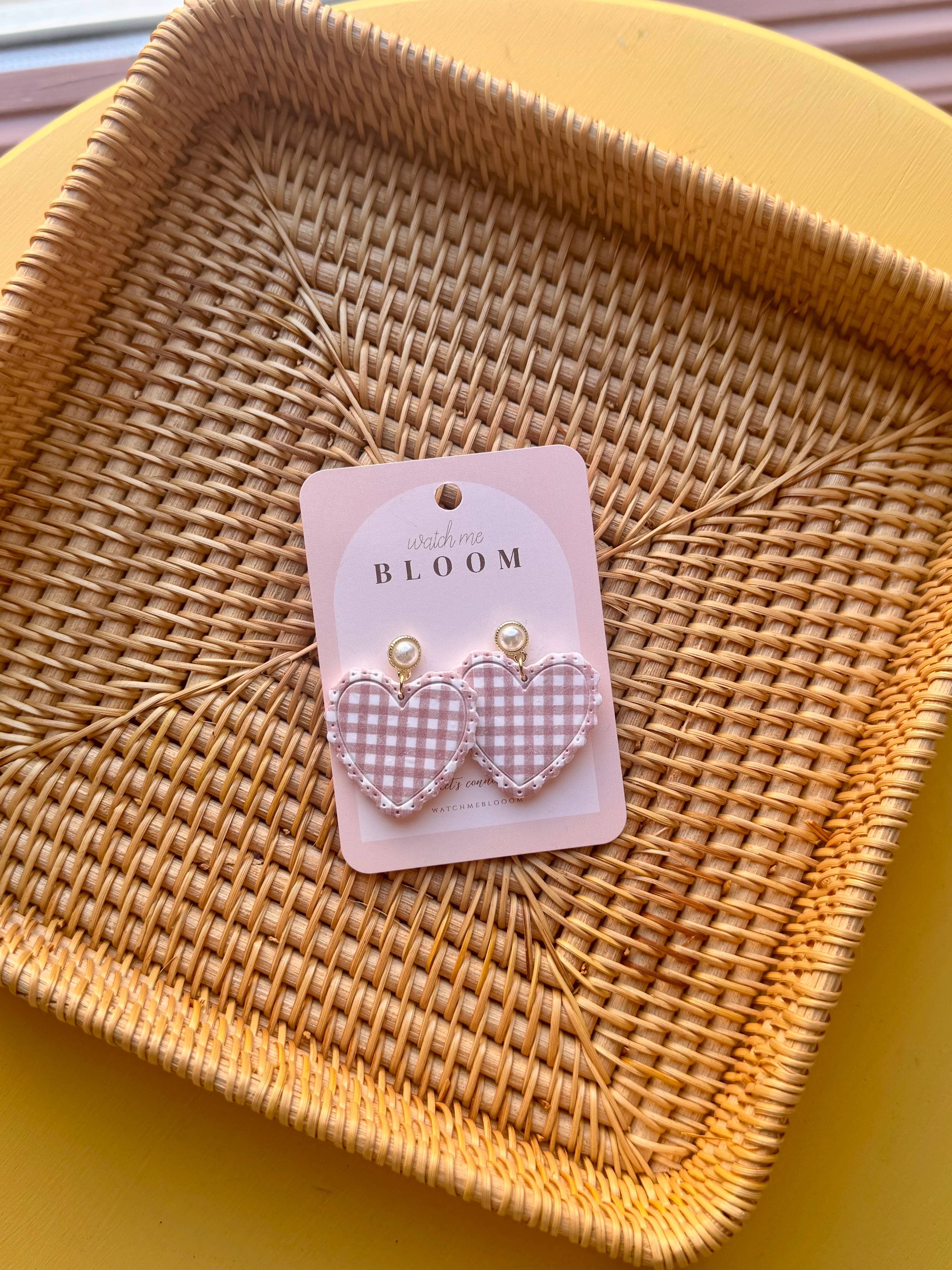 Brown Gingham Ruffle Hearts | Handmade Polymer Clay Earrings