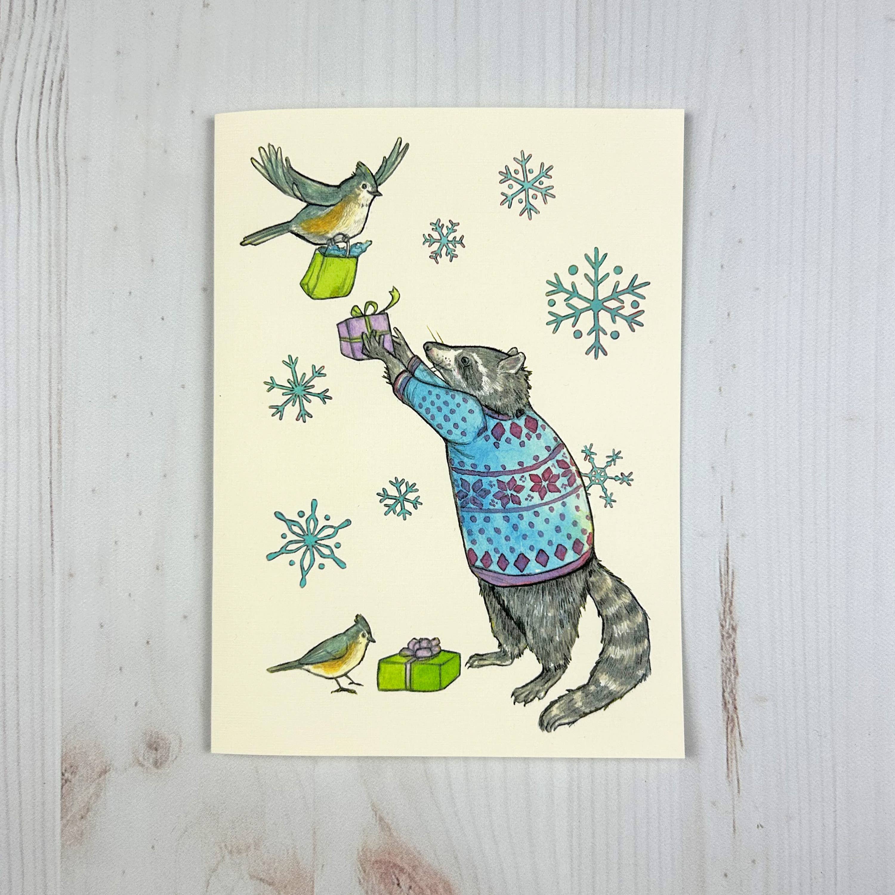 Raccoon Gift Exchange - 5x7 Notecard