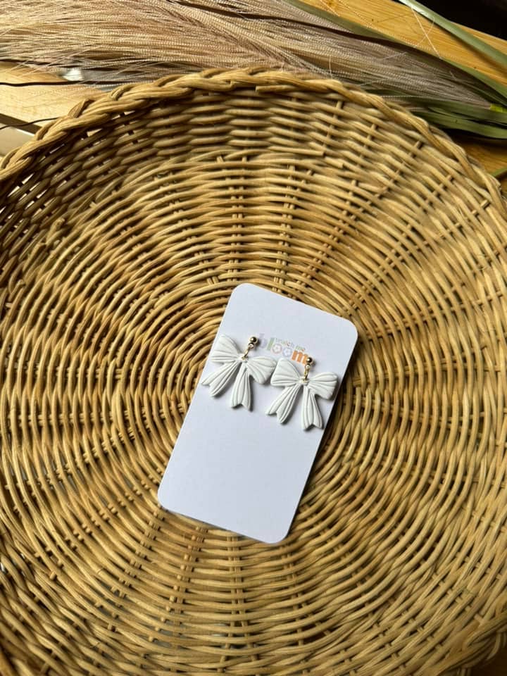 White Lined Bow Polymer Clay Earrings