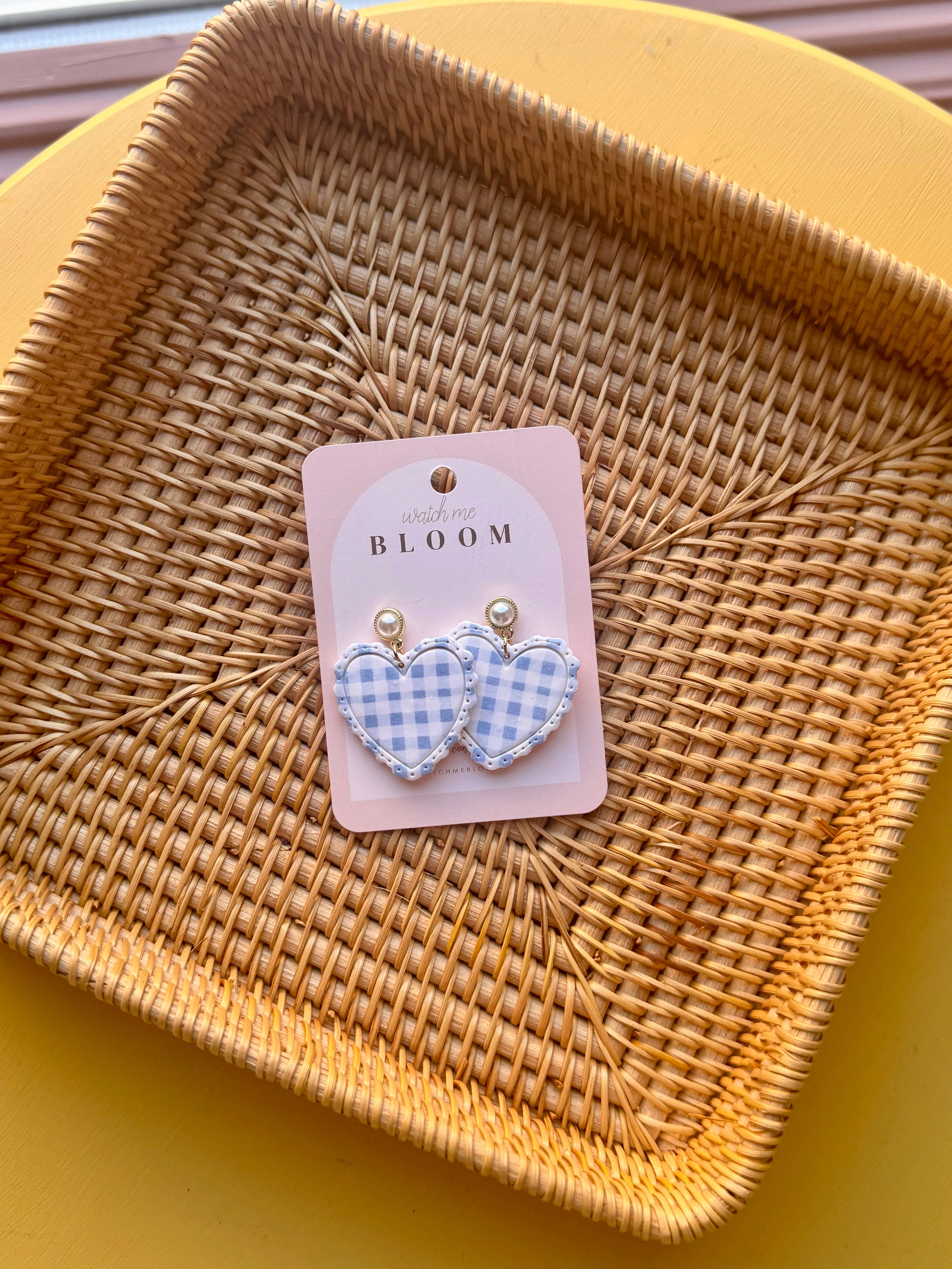 Blue Gingham Ruffle Hearts | Handmade Polymer Clay Earrings