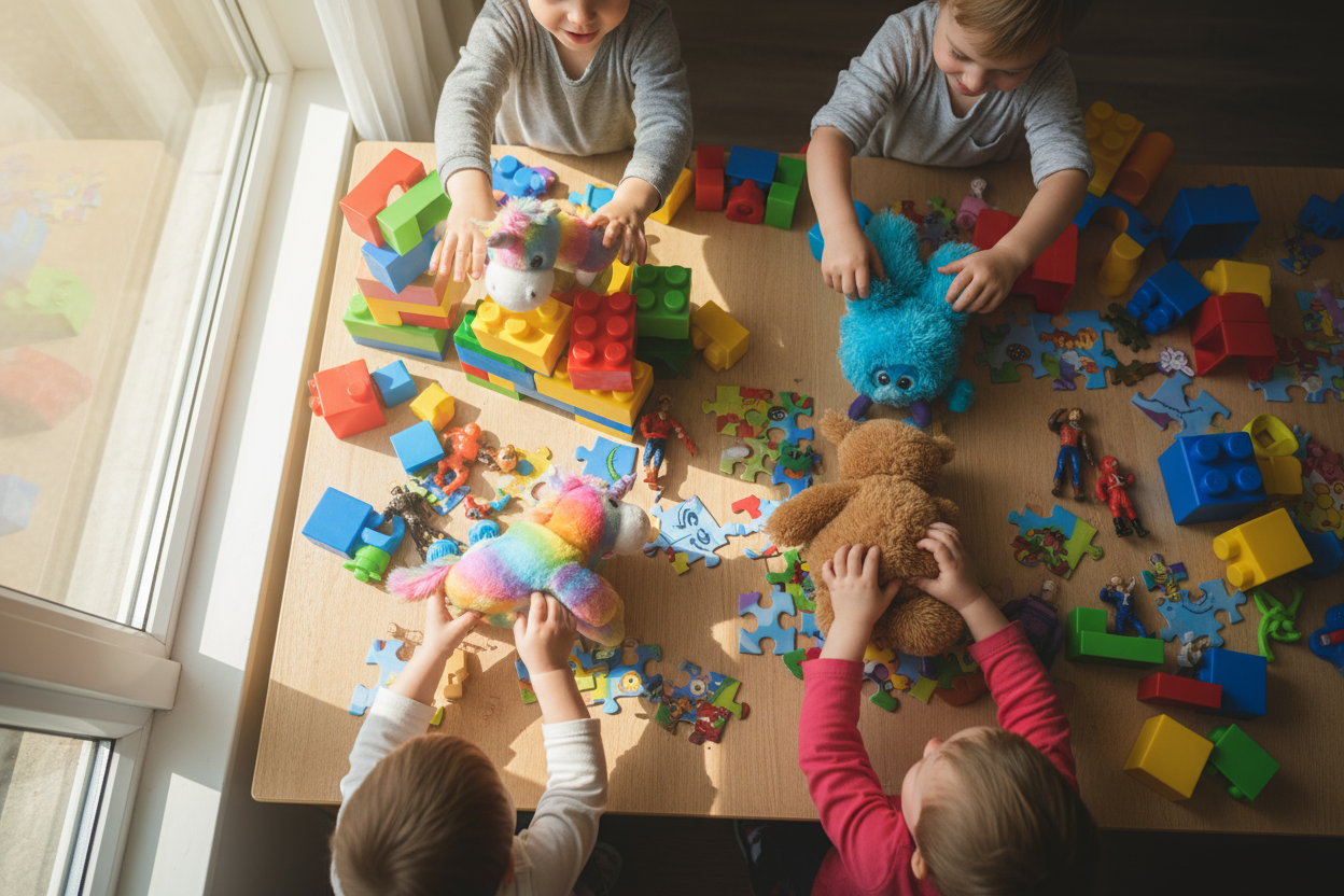 kids grabbing at toys on a table